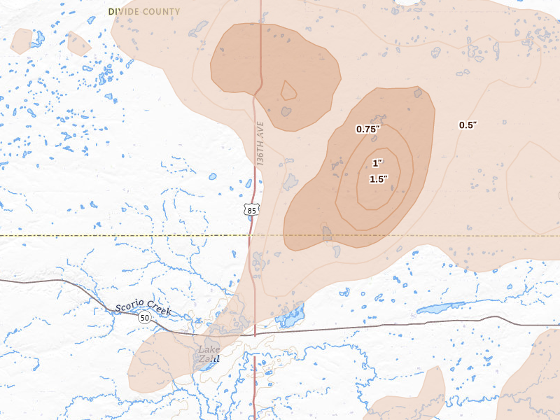 Radar-estimated hail-size map of the storm over Alamo, ND on Jul 3, 2026