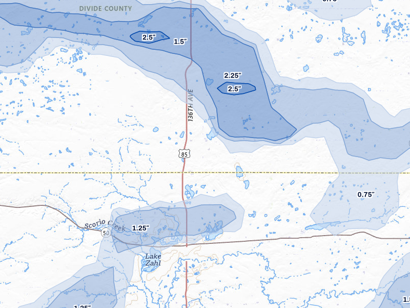 NEXRAD radar-signature map of the hail storm over Alamo, ND on Jul 3, 2026