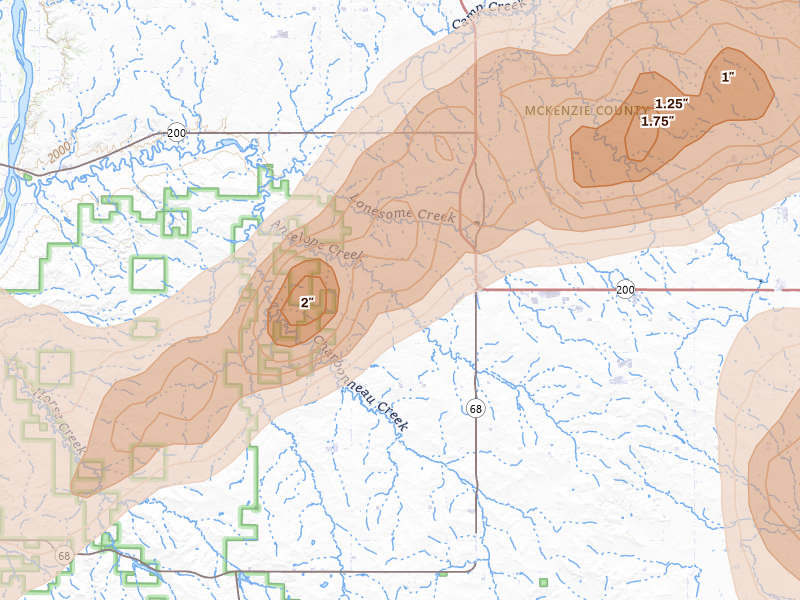 Radar-estimated hail-size map of the storm over Alexander, ND on Jun 7, 2026