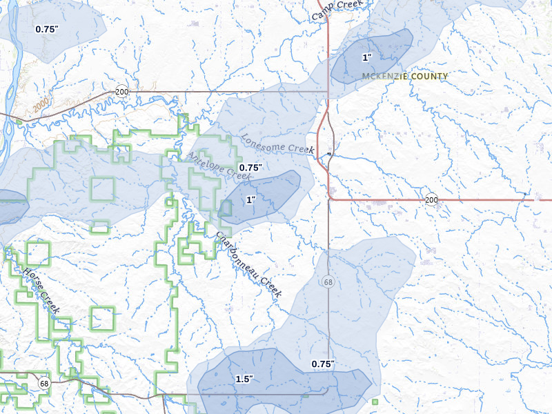 NEXRAD radar-signature map of the hail storm over Alexander, ND on Jul 5, 2026