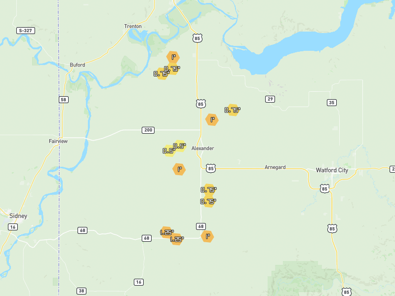 Hail map of Alexander, ND on Jul 6, 2026, hail up to 1.25"