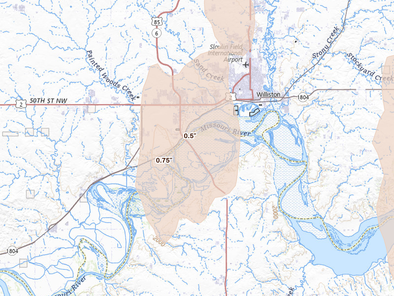 Radar-estimated hail-size map of the storm over Alexander, ND on Sep 2, 2026