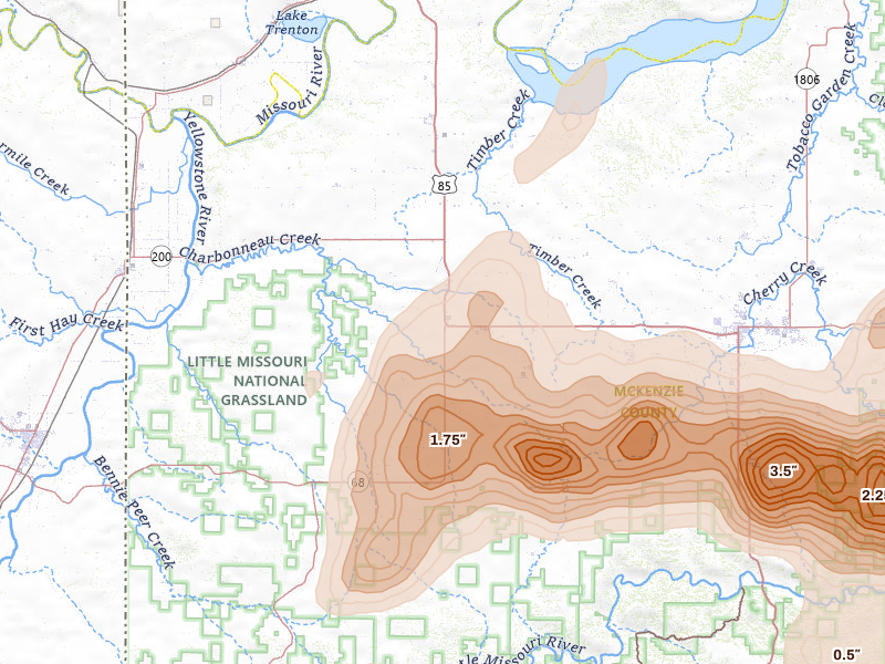 Radar-estimated hail-size map of the storm over Alexander, ND