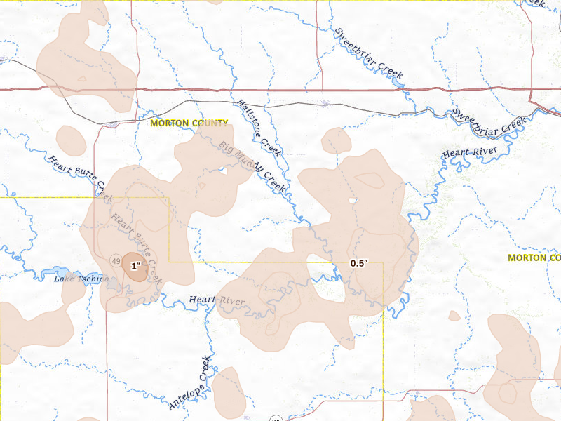 Radar-estimated hail-size map of the storm over Almont, ND on Jun 27, 2026