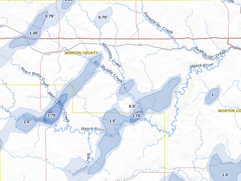 NEXRAD radar-signature map of the hail storm over Almont, ND on Jun 27, 2026