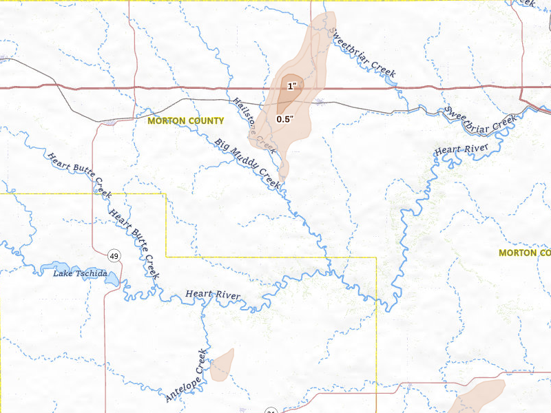 Radar-estimated hail-size map of the storm over Almont, ND on Jun 28, 2026