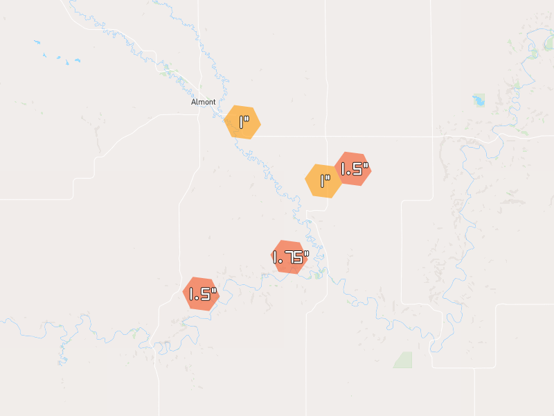 Hail map of Almont, ND on Jun 28, 2026, hail up to 1.75"
