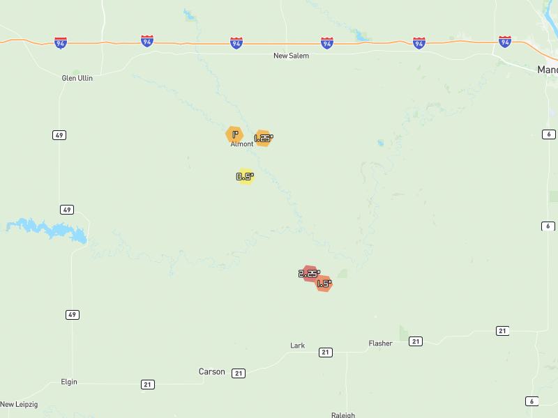 Hail map of Almont, ND on Jun 29, 2026, hail up to 2.25"