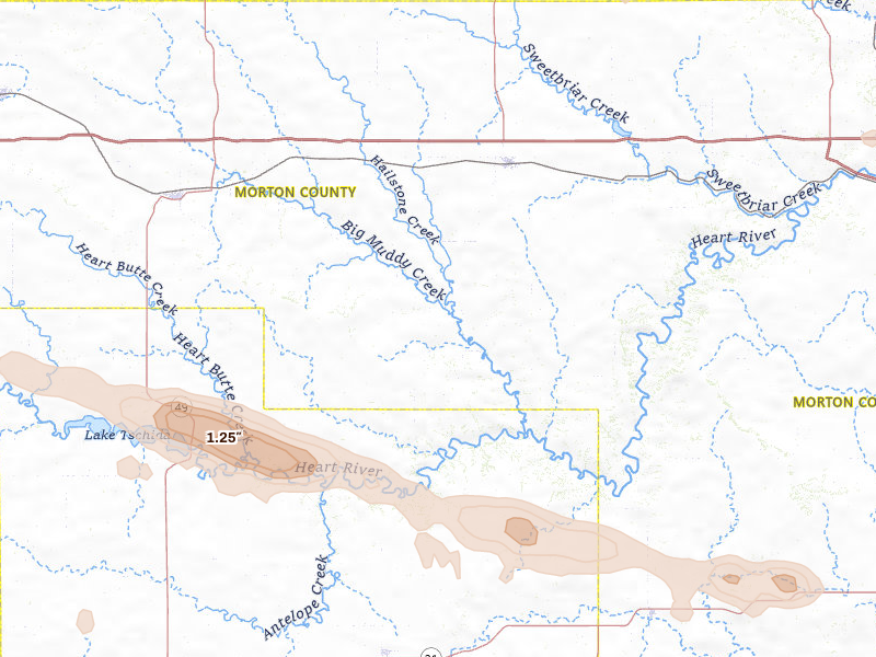 Radar-estimated hail-size map of the storm over Almont, ND on Jul 19, 2026