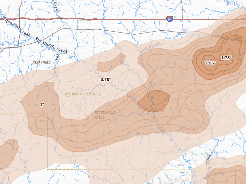 Radar-estimated hail-size map of the storm over Almont, ND on Aug 11, 2026