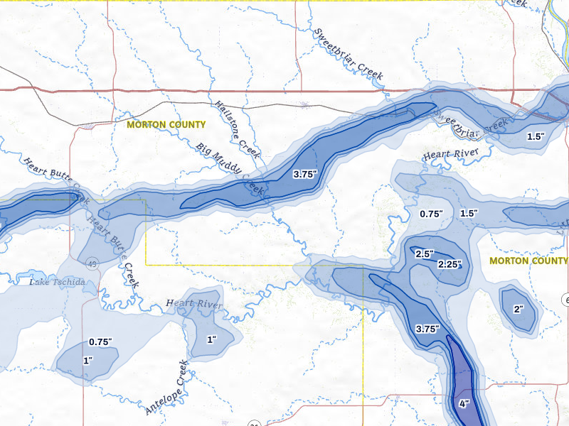 NEXRAD radar-signature map of the hail storm over Almont, ND on Aug 11, 2026
