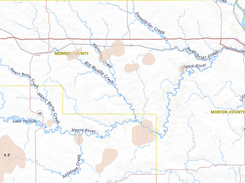 Radar-estimated hail-size map of the storm over Almont, ND on Aug 30, 2026