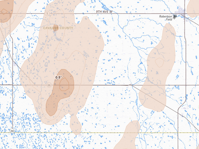 Radar-estimated hail-size map of the storm over Alsen, ND on Jun 2, 2026