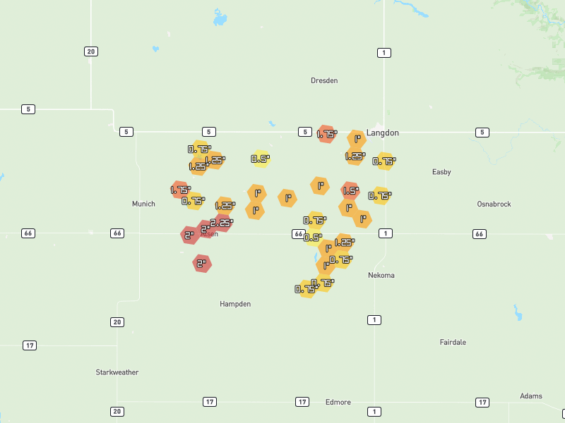 Hail map of Alsen, ND on Jun 2, 2026, hail up to 2.25"