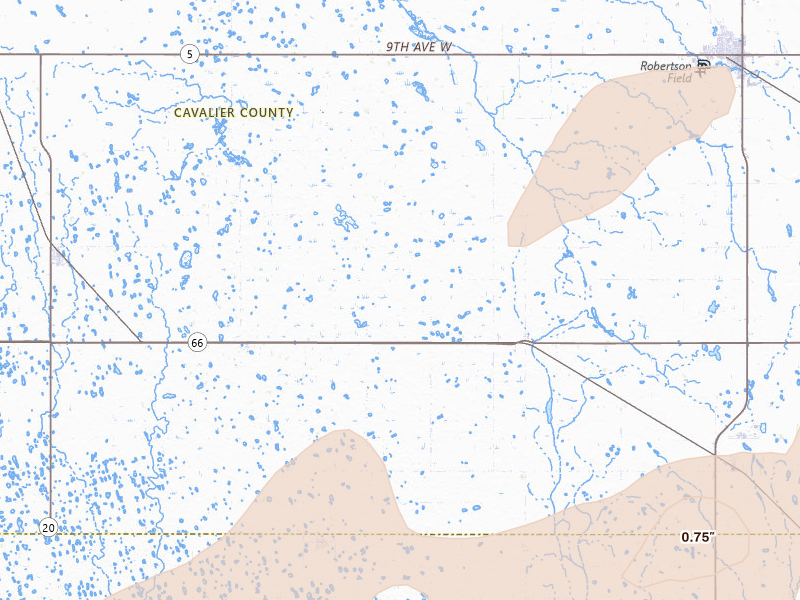Radar-estimated hail-size map of the storm over Alsen, ND on Jun 28, 2026