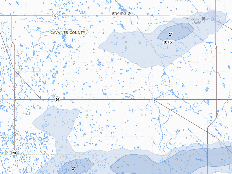 NEXRAD radar-signature map of the hail storm over Alsen, ND on Jun 28, 2026