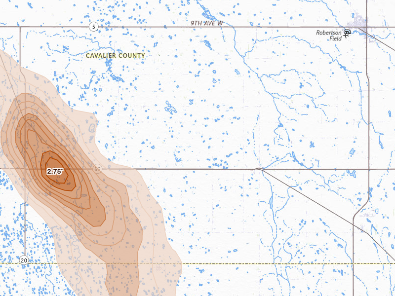 Radar-estimated hail-size map of the storm over Alsen, ND on Jul 9, 2026