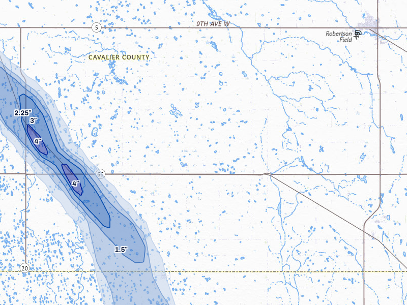 NEXRAD radar-signature map of the hail storm over Alsen, ND on Jul 9, 2026