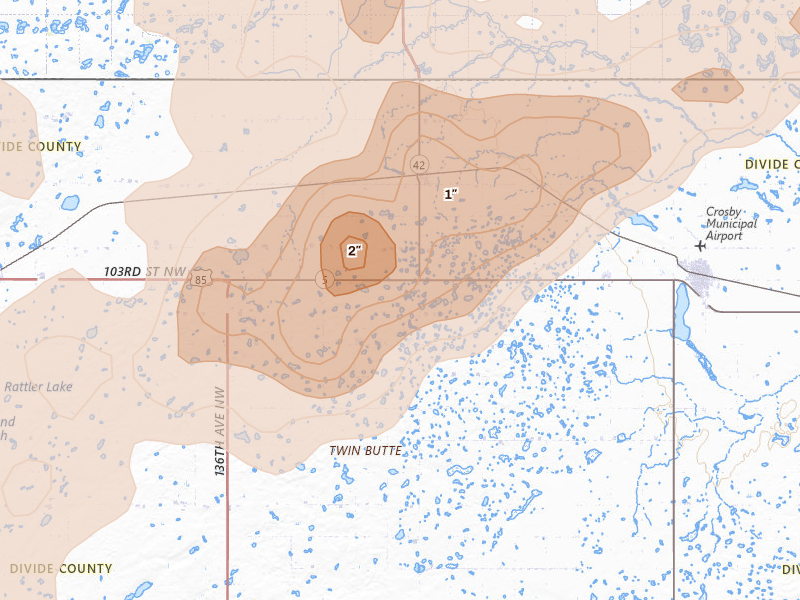 Radar-estimated hail-size map of the storm over Ambrose, ND on Jun 6, 2026