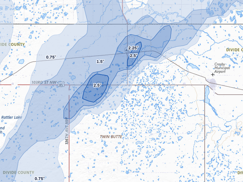 NEXRAD radar-signature map of the hail storm over Ambrose, ND on Jun 6, 2026