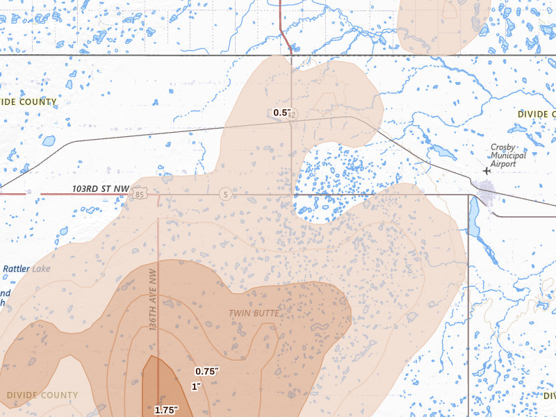 Radar-estimated hail-size map of the storm over Ambrose, ND on Jun 7, 2026