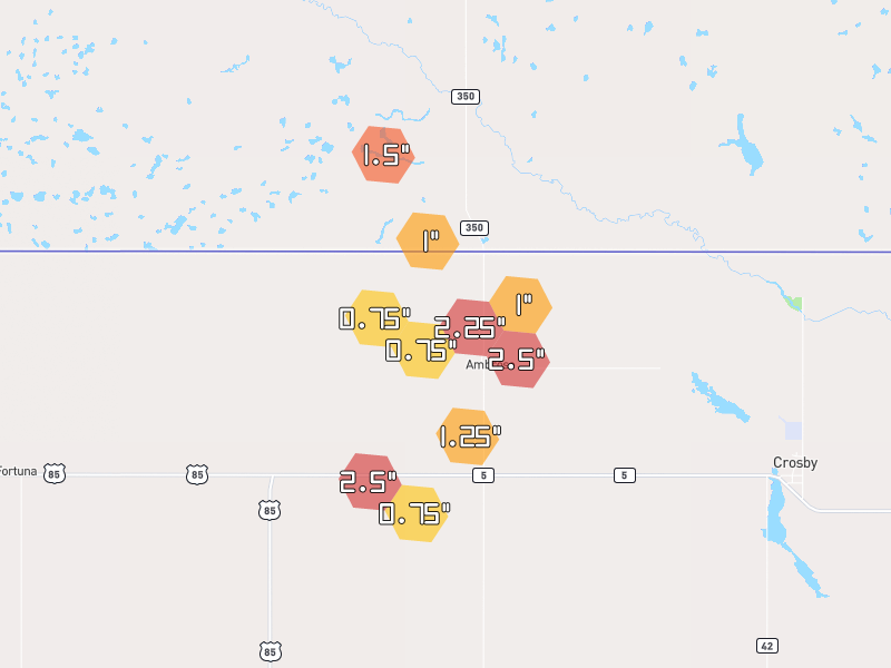 Hail map of Ambrose, ND on Jun 7, 2026, hail up to 2.5"