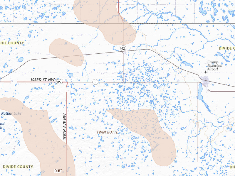 Radar-estimated hail-size map of the storm over Ambrose, ND on Jun 27, 2026