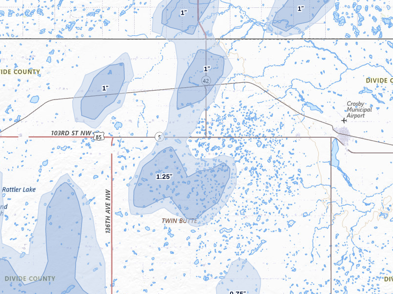 NEXRAD radar-signature map of the hail storm over Ambrose, ND on Jun 27, 2026