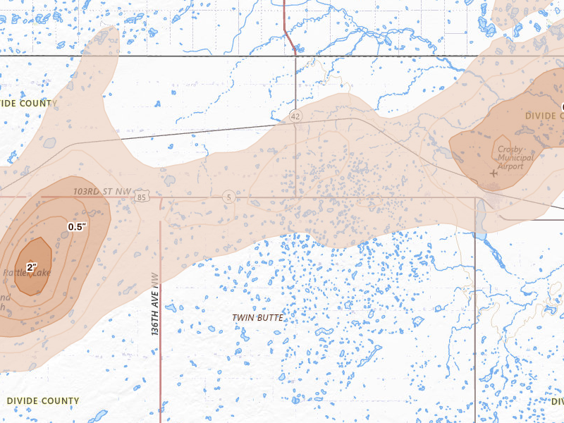Radar-estimated hail-size map of the storm over Ambrose, ND on Sep 4, 2026