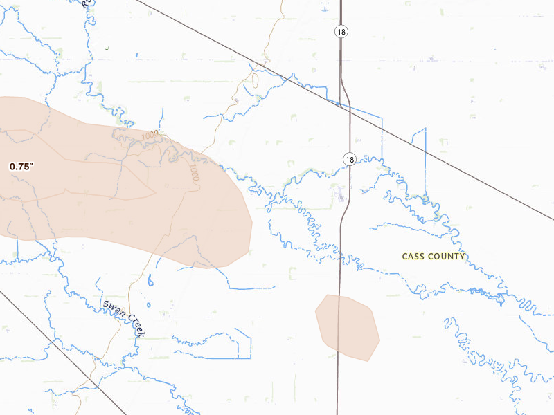 Radar-estimated hail-size map of the storm over Amenia, ND on Aug 11, 2026