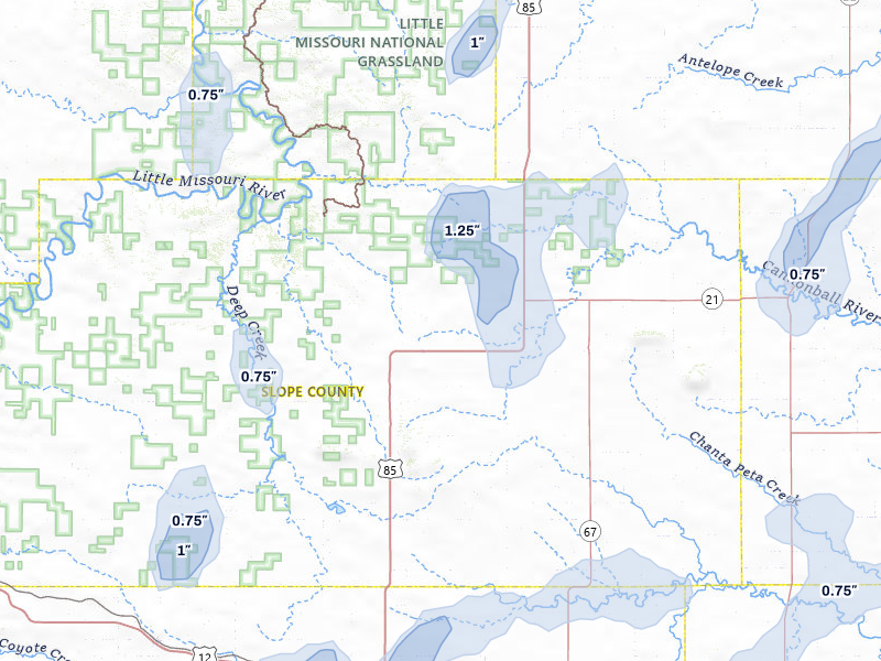 NEXRAD radar-signature map of the hail storm over Amidon, ND on Jun 27, 2026