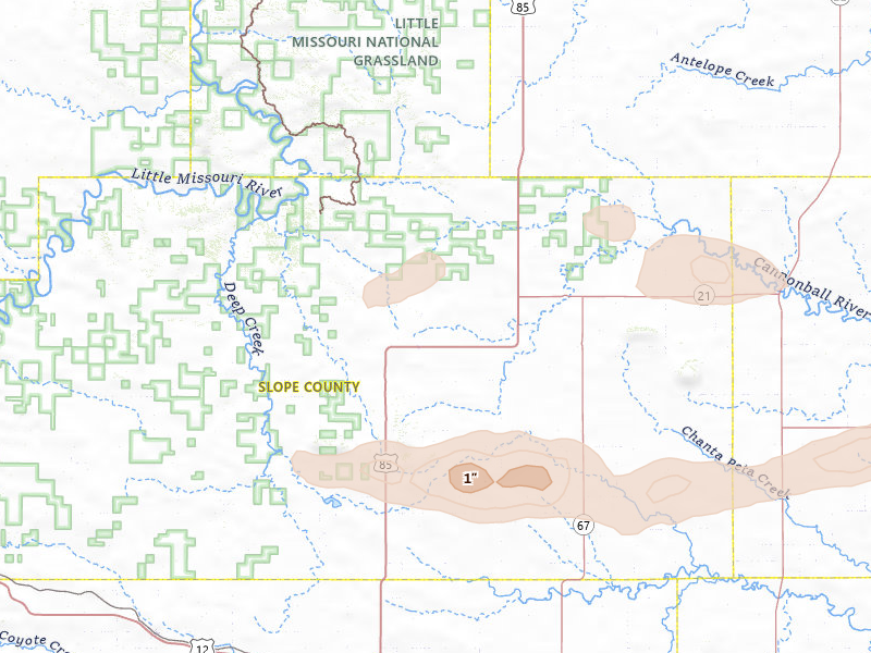 Radar-estimated hail-size map of the storm over Amidon, ND on Jun 29, 2026