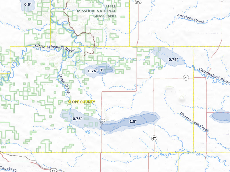 NEXRAD radar-signature map of the hail storm over Amidon, ND on Jun 29, 2026