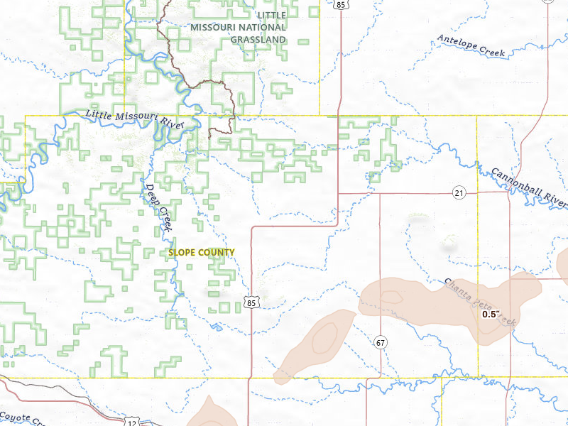 Radar-estimated hail-size map of the storm over Amidon, ND on Jul 6, 2026