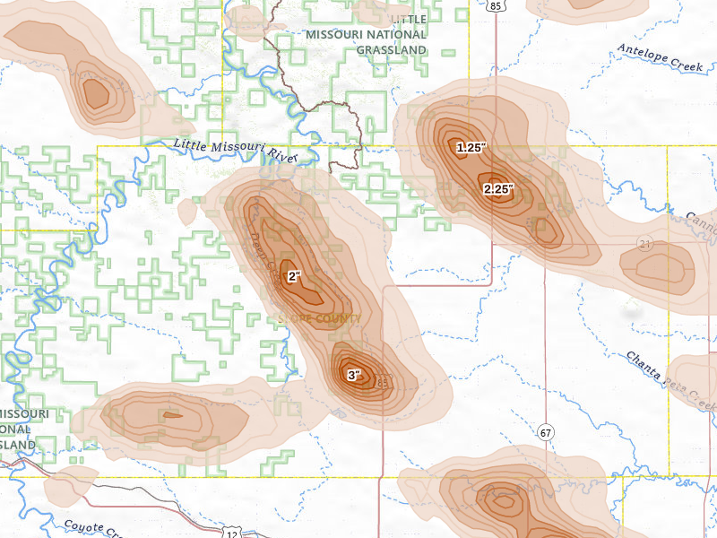 Radar-estimated hail-size map of the storm over Amidon, ND on Aug 11, 2026