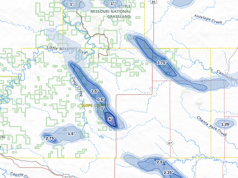 NEXRAD radar-signature map of the hail storm over Amidon, ND on Aug 11, 2026
