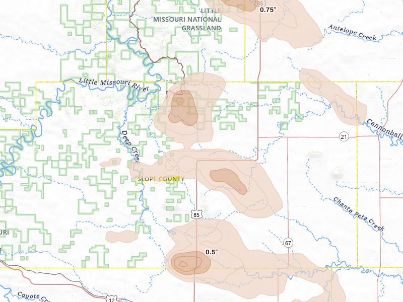Radar-estimated hail-size map of the storm over Amidon, ND on Aug 23, 2026