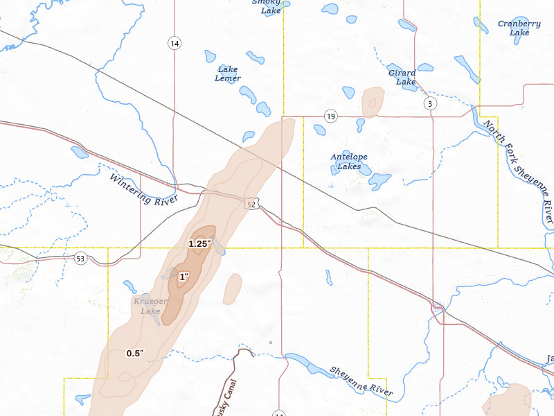 Radar-estimated hail-size map of the storm over Anamoose, ND on Jun 2, 2026