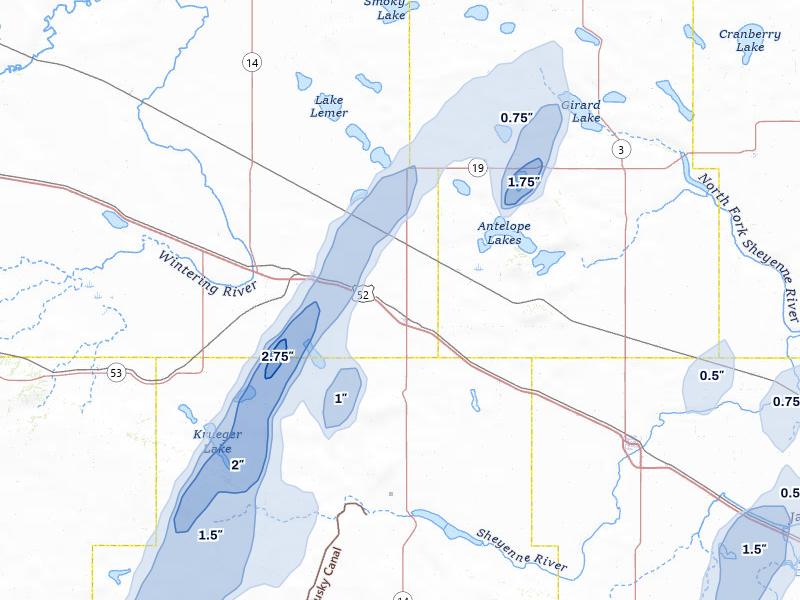 NEXRAD radar-signature map of the hail over Anamoose, ND