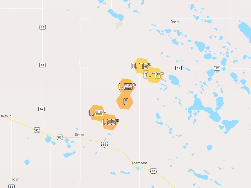 Hail map of Anamoose, ND on Jun 2, 2026, hail up to 1.25"
