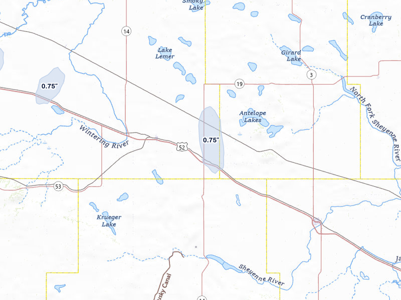 NEXRAD radar-signature map of the hail storm over Anamoose, ND on Jun 27, 2026