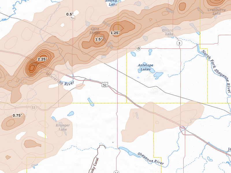 Radar-estimated hail-size map of the storm over Anamoose, ND on Jun 28, 2026
