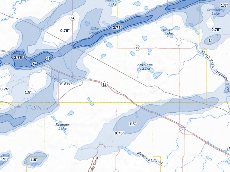 NEXRAD radar-signature map of the hail storm over Anamoose, ND on Jun 28, 2026