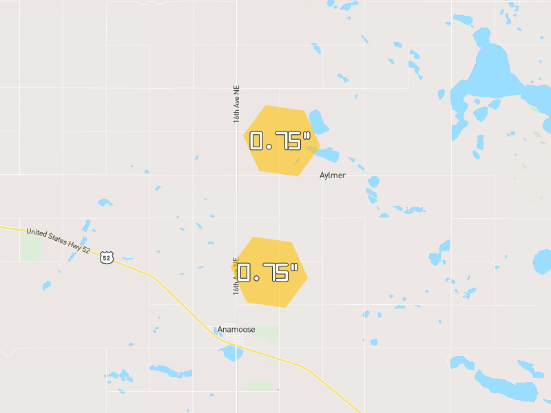 Hail map of Anamoose, ND on Jun 28, 2026, hail up to 0.75"