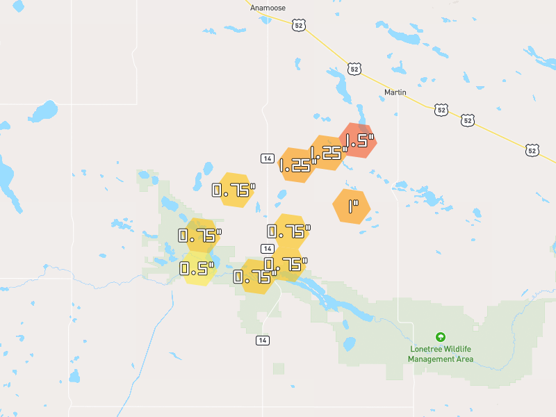 Hail map of Anamoose, ND on Jun 29, 2026, hail up to 1.5"
