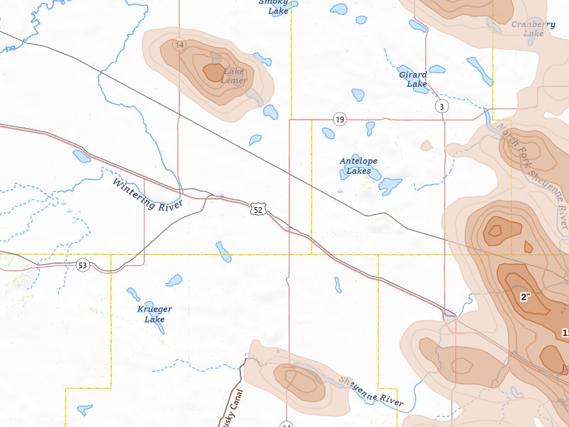 Radar-estimated hail-size map of the storm over Anamoose, ND on Jul 9, 2026