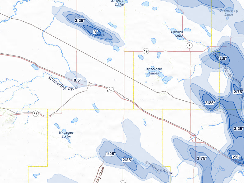 NEXRAD radar-signature map of the hail storm over Anamoose, ND on Jul 9, 2026