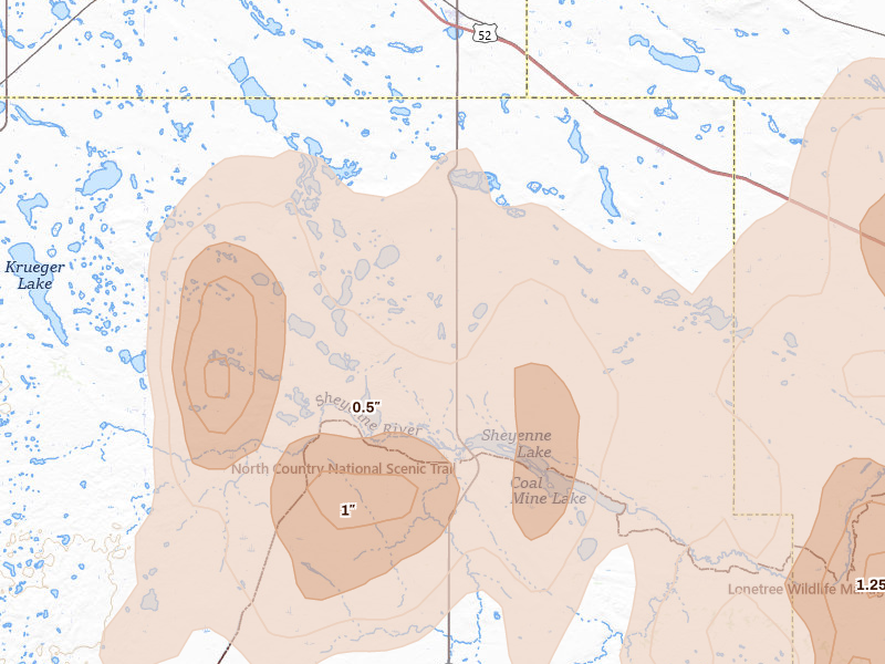 Radar-estimated hail-size map of the storm over Anamoose, ND on Sep 3, 2026