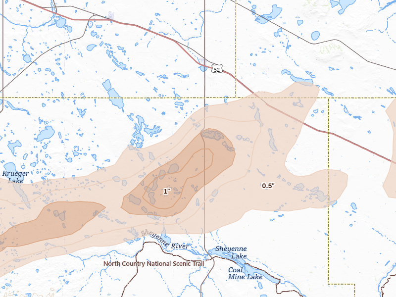 Radar-estimated hail-size map of the storm over Anamoose, ND