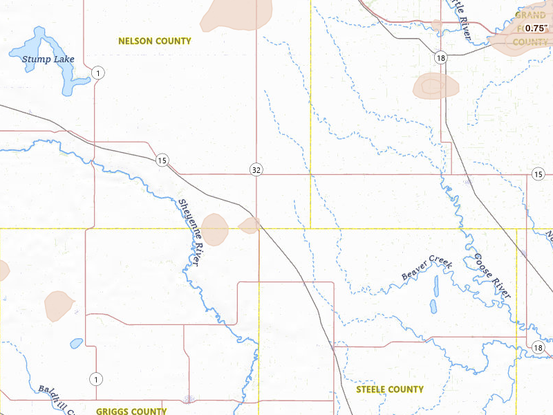 Radar-estimated hail-size map of the storm over Aneta, ND on Jul 30, 2026